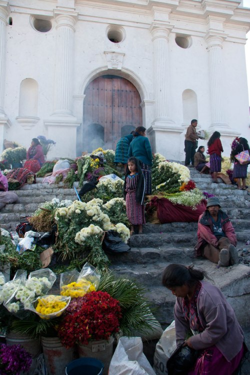 Flower sellers on the steps of the church